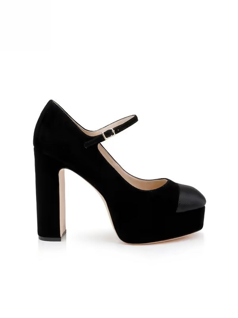 L'AGENCE Lilles Black Suede Mary Jane Platform Pump Block Heel Cap Toe Shoes